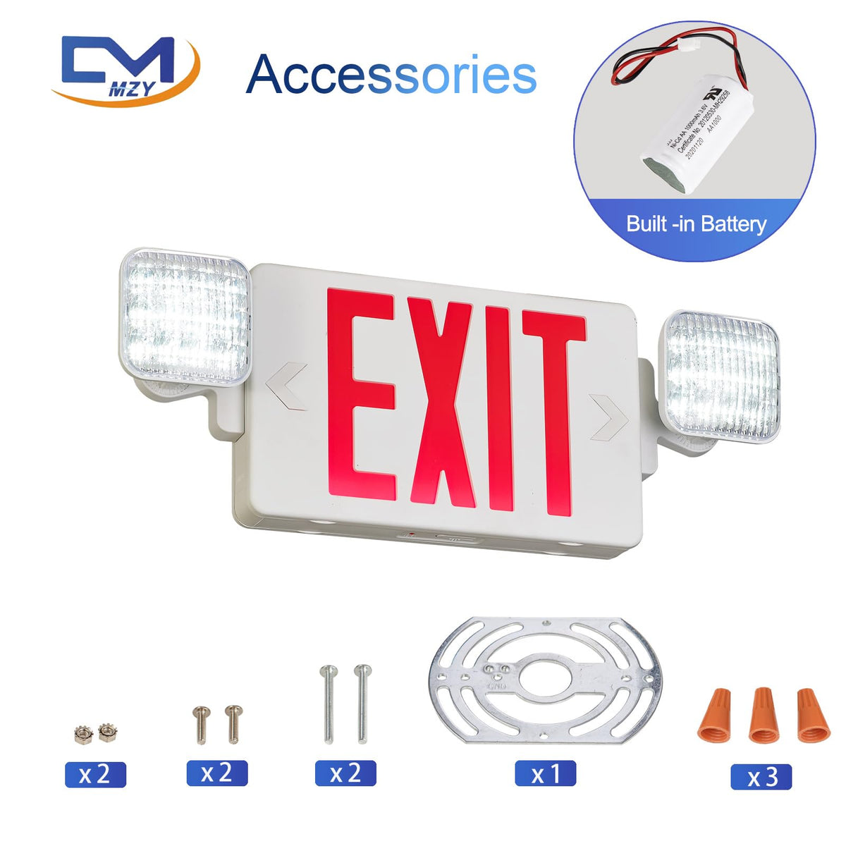 CM MZY exit sign featuring battery backup for outages