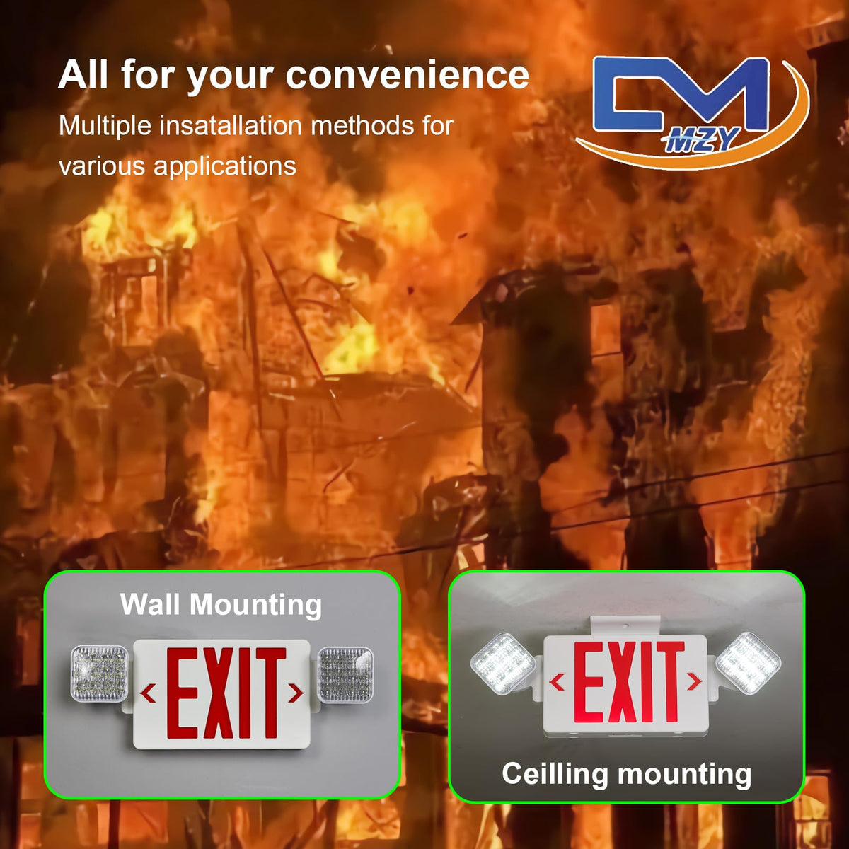 CM MZY red exit sign visible at 100 feet for safety signage