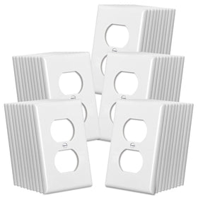 CML white duplex outlet cover, front view, brightens room aesthetics.