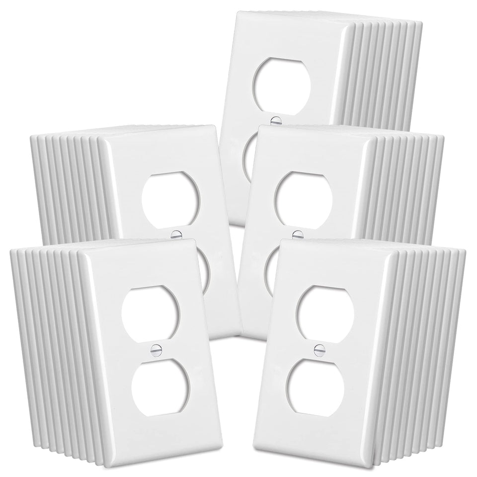 CML white duplex outlet cover, front view, brightens room aesthetics.