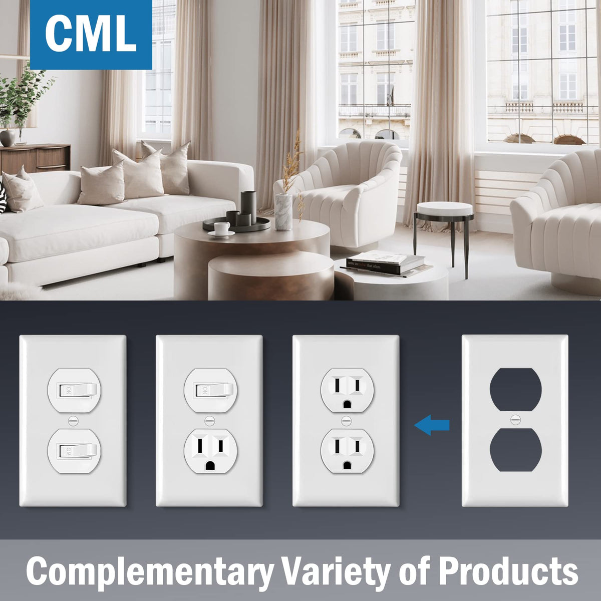 Gloss white CML faceplate enhances room decor with a clean finish.