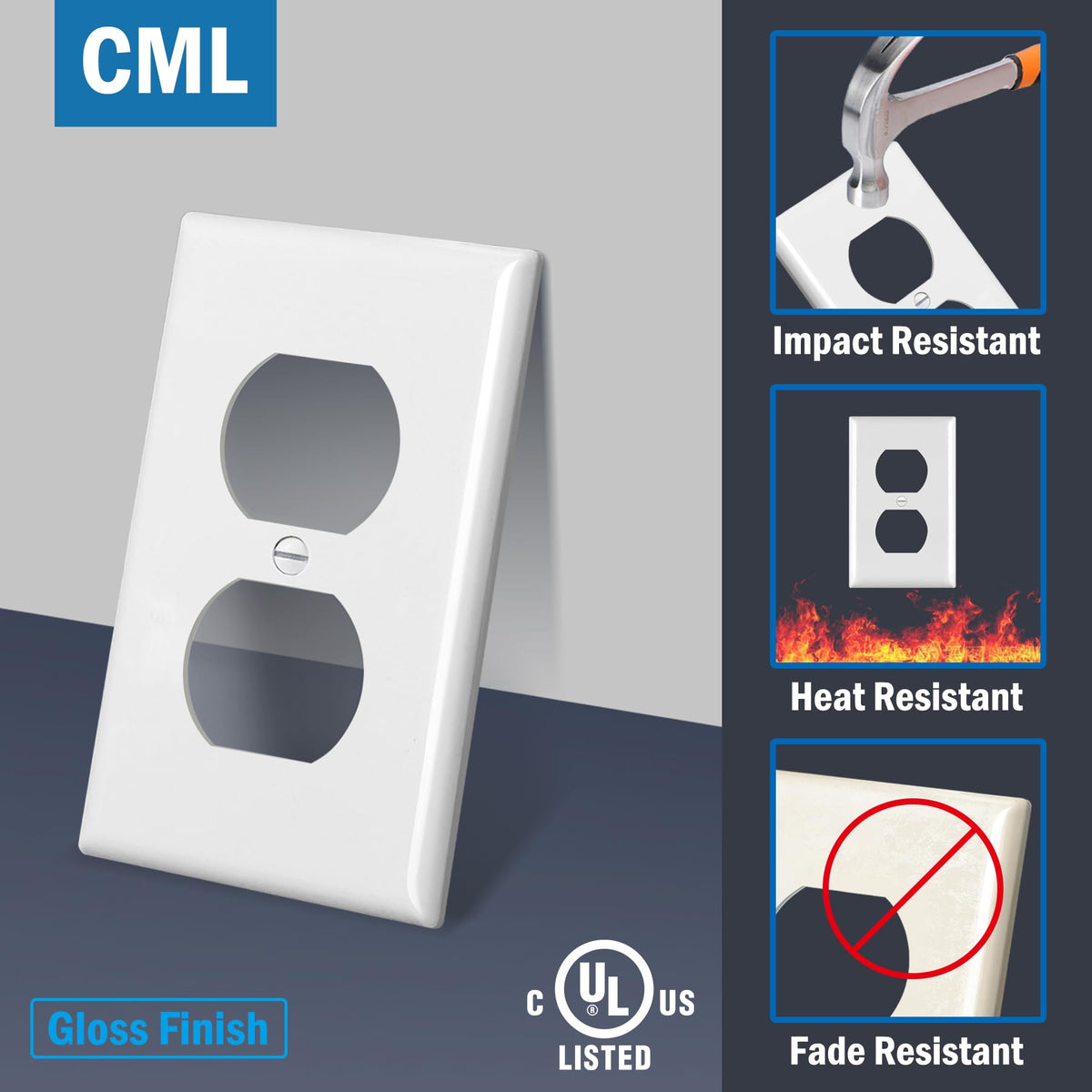 CML white duplex cover with screws included for quick installation.
