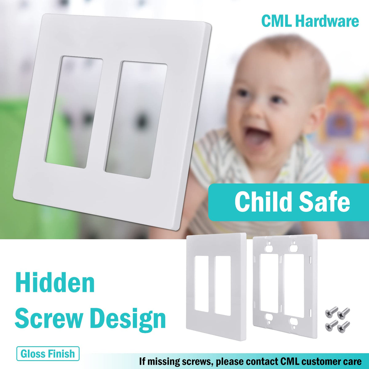 CML 2-Gang decorator plate with hidden screws creates a seamless wall look.