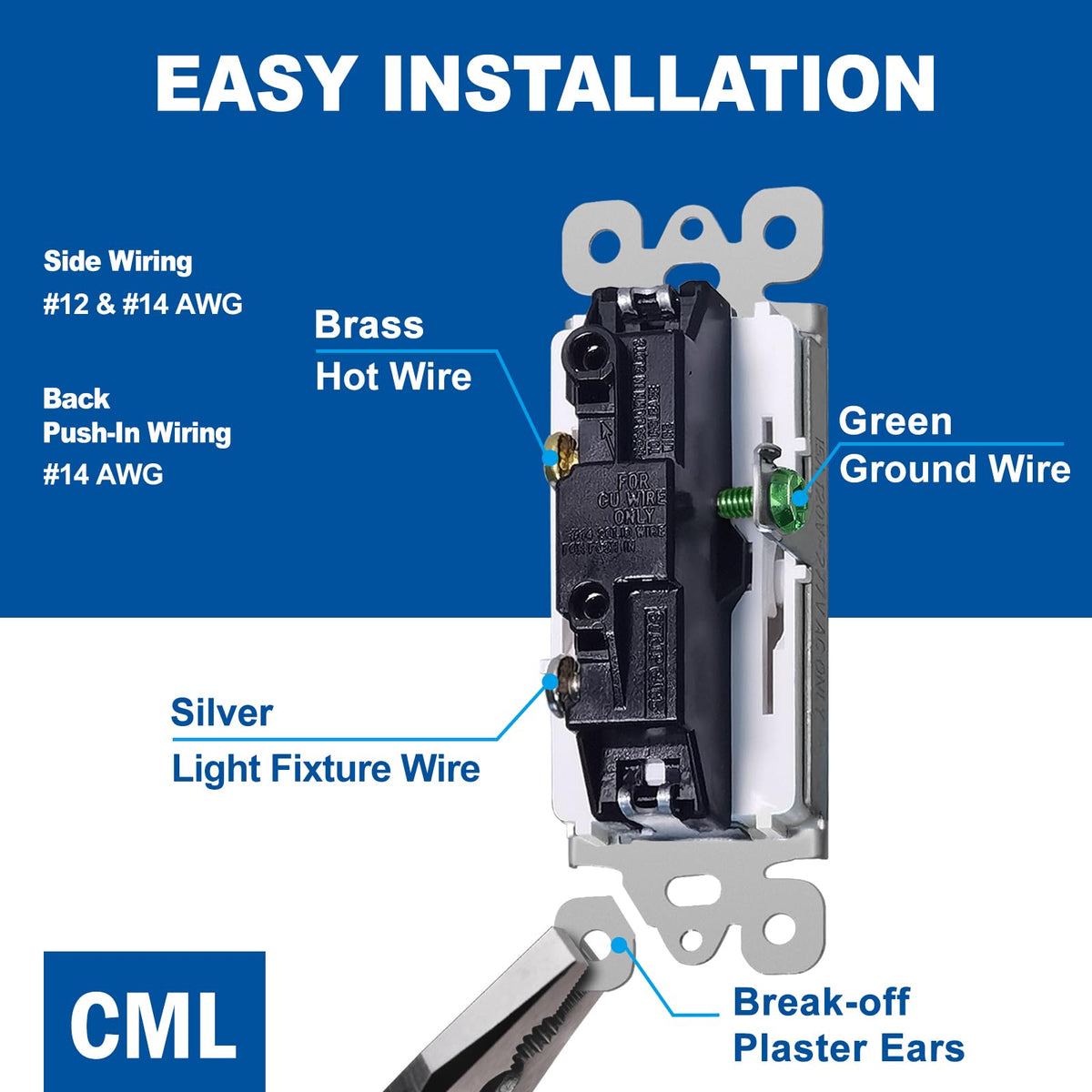 CML Decorator Switch quick push-in terminals support 14 AWG solid copper wire