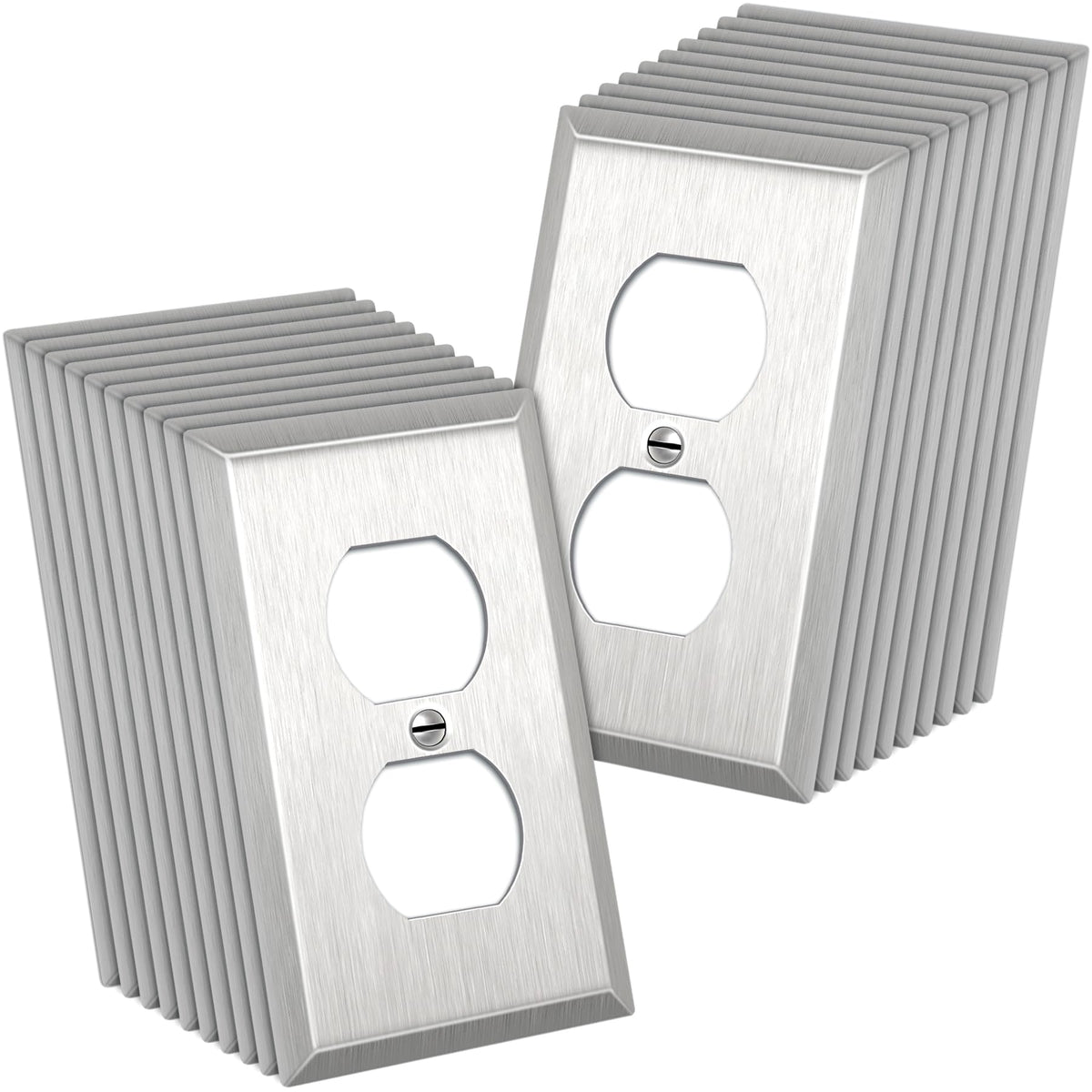 CML Hardware duplex wall plate in brushed silver; corrosion-resistant stainless steel for humid spaces