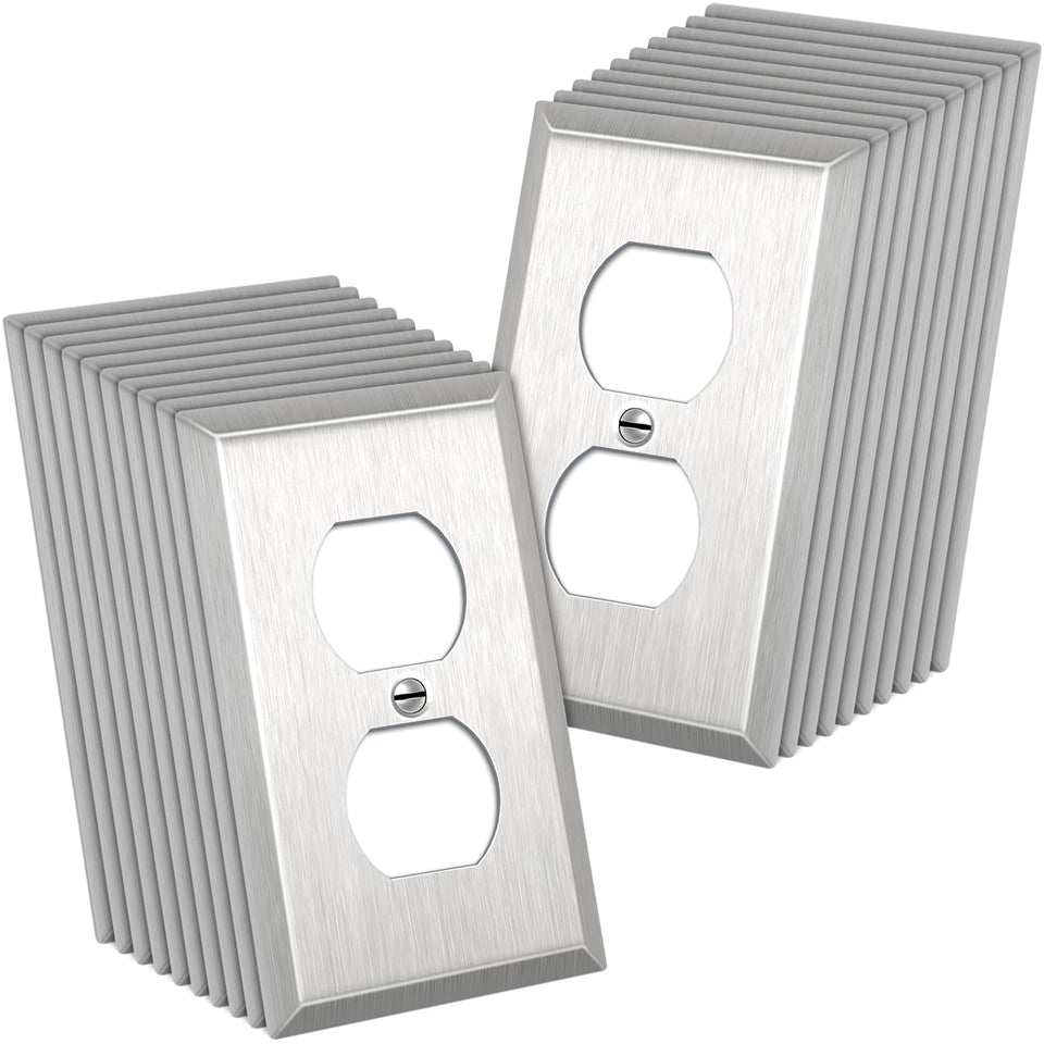 CML Hardware duplex wall plate in brushed silver; corrosion-resistant stainless steel for humid spaces