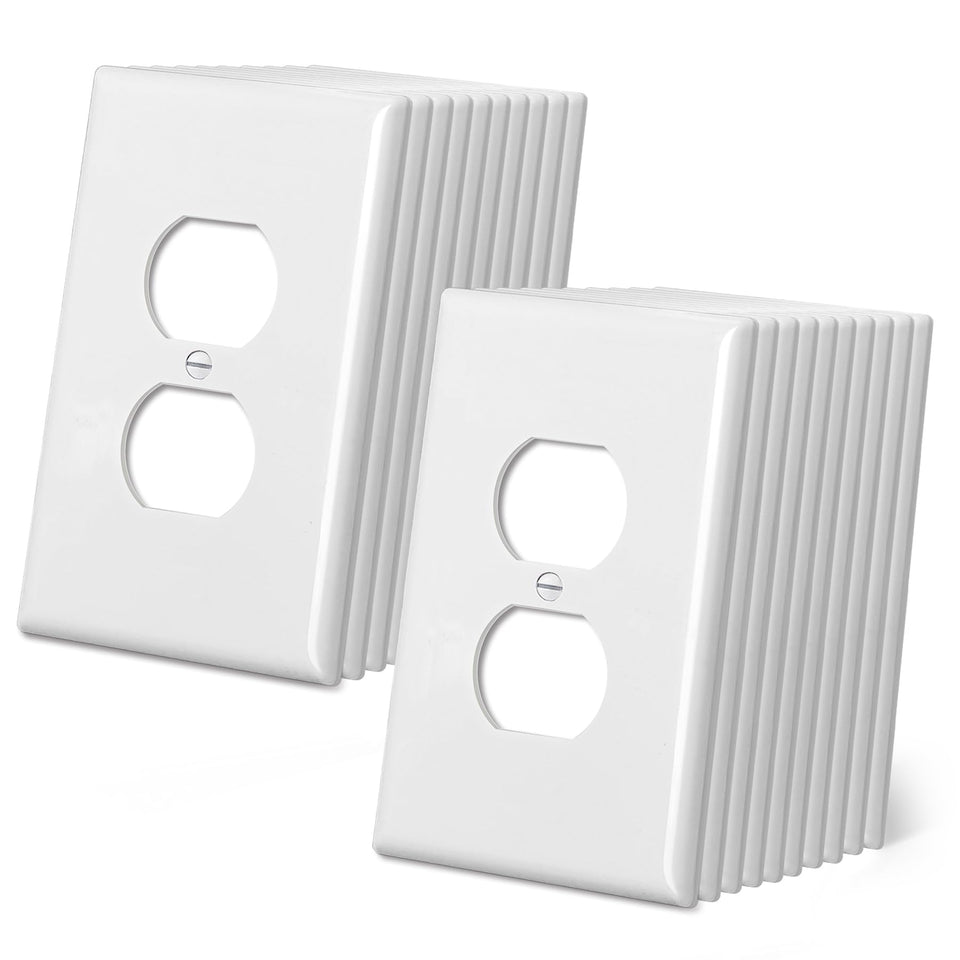 CML Hardware jumbo duplex outlet cover in gloss white hides wall imperfections.