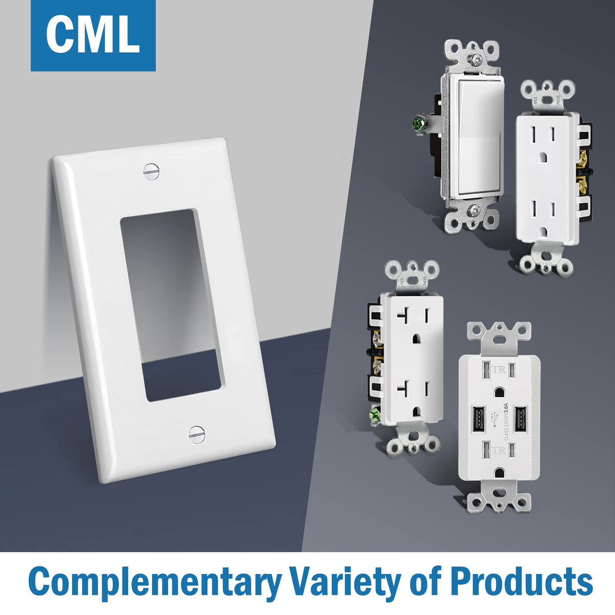 CML decorator wall plate works with switches, receptacles, GFCI and USB outlets.
