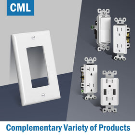 CML decorator wall plate works with switches, receptacles, GFCI and USB outlets.