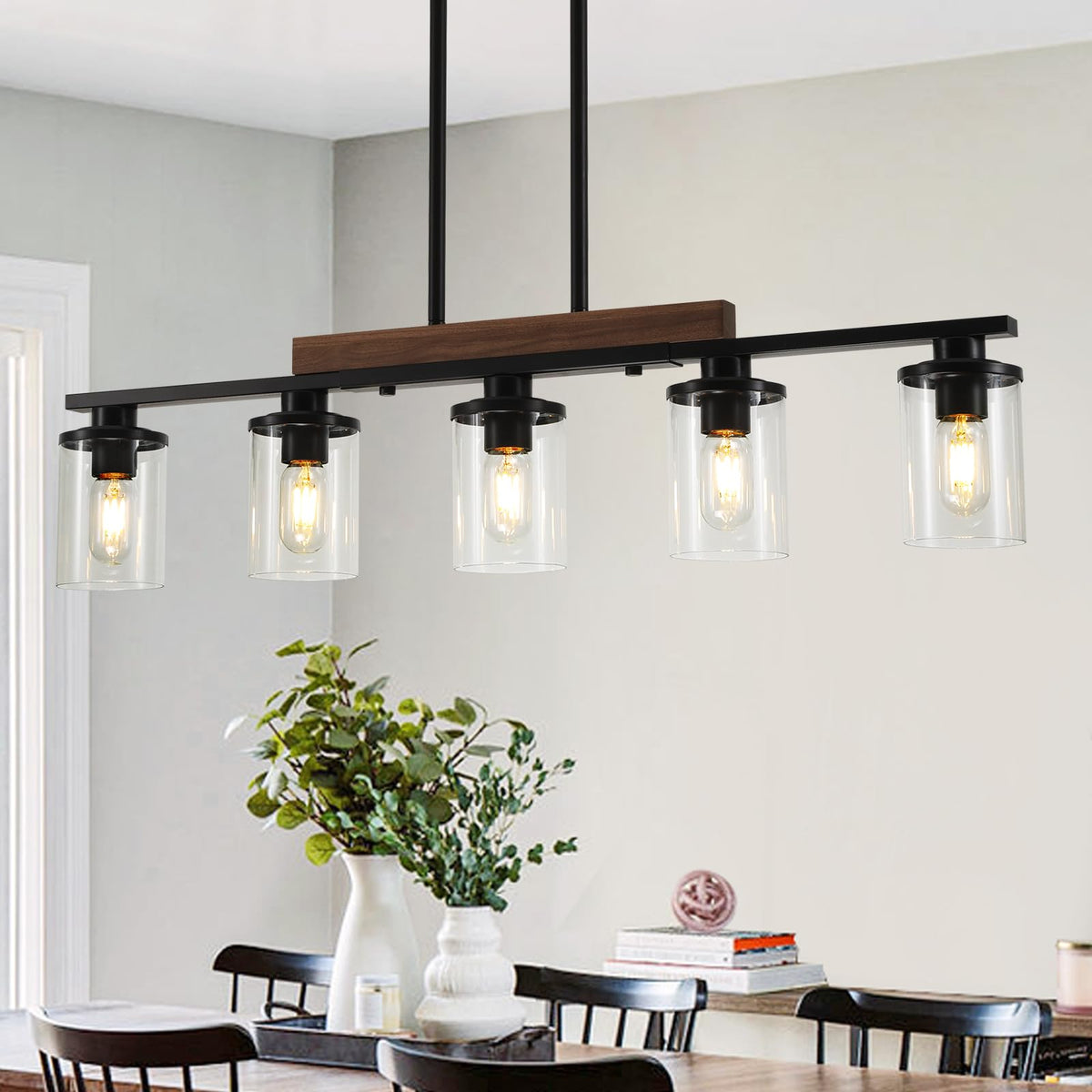 CmnVmn 36.2 inch black farmhouse chandelier over dining table for warm ambience
