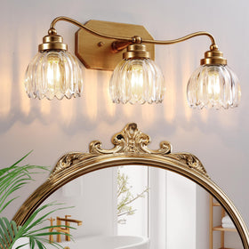 CmnVmn vintage bathroom light 3-light gold with crystal shade enhances ambiance.