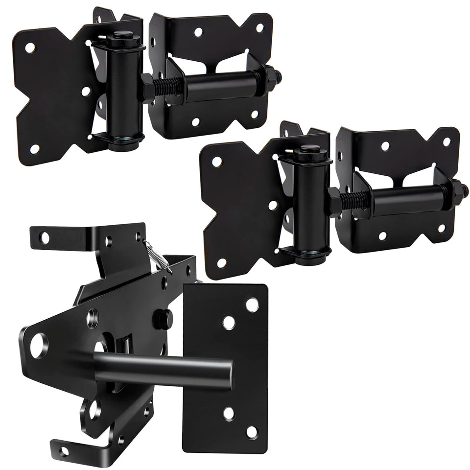 CMOOD self-locking gate latch on a wooden fence for secure, hands-free closure.