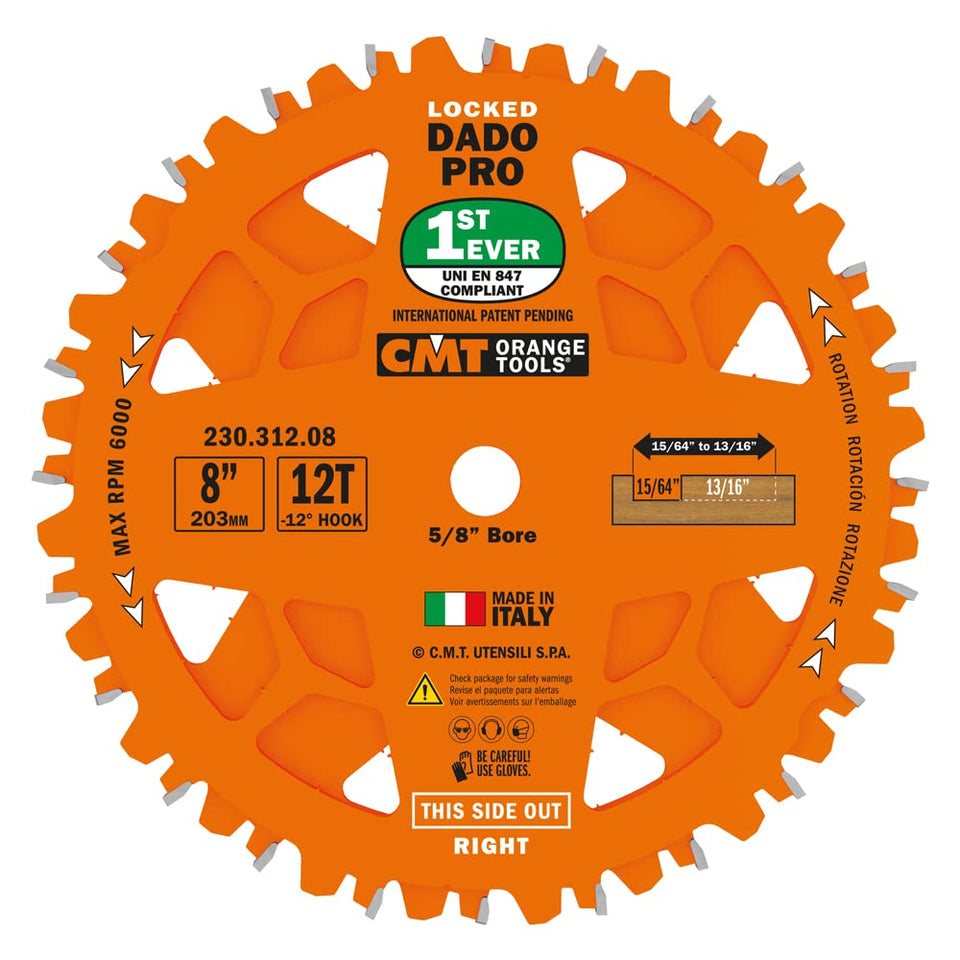 CMT Orange Tools 230.312.08 dado blade with 8-inch diameter for clean wood grooves.