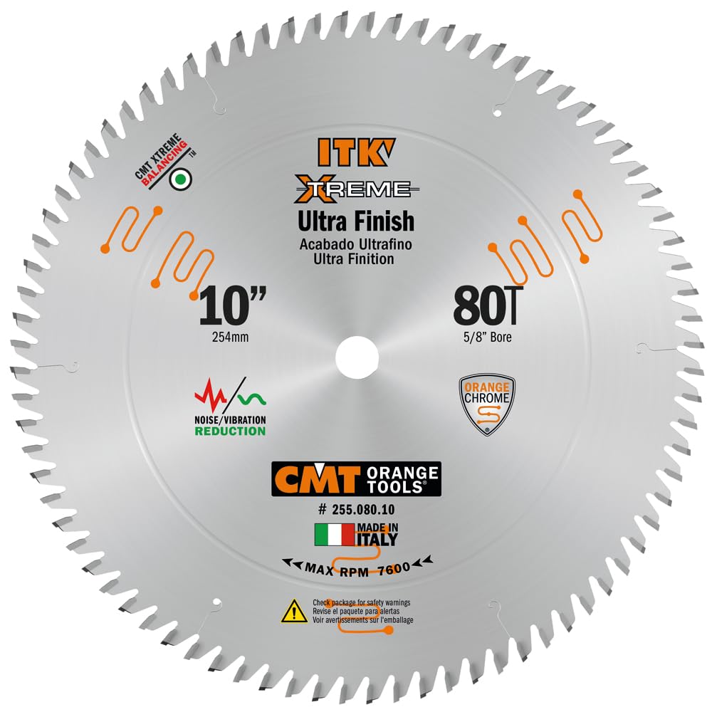 CMT ORANGE TOOLS ITK Fine Finish blade 10in 80T face delivers precision cuts with a smooth finish.