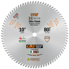 CMT ORANGE TOOLS ITK Fine Finish blade 10in 80T face delivers precision cuts with a smooth finish.