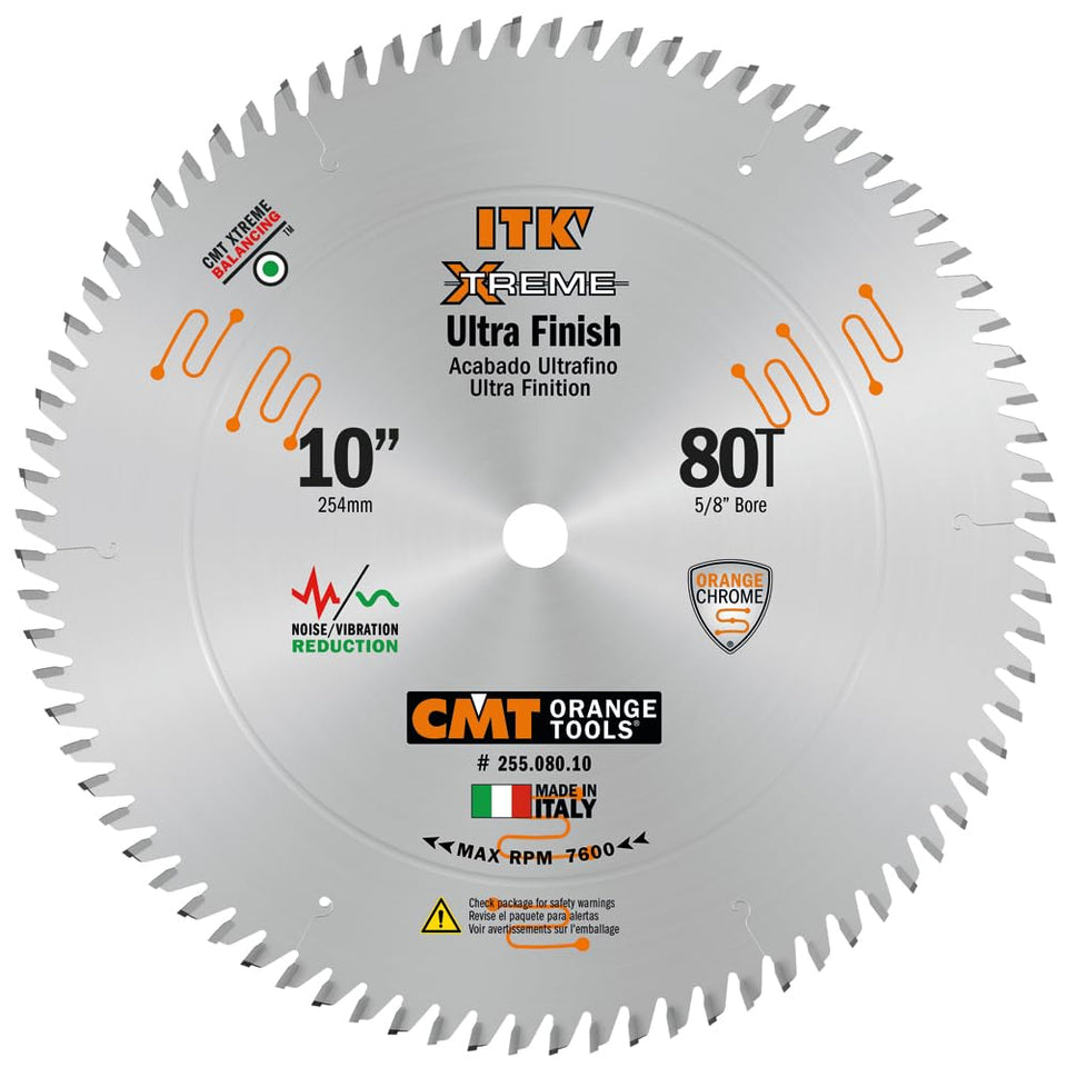 CMT ORANGE TOOLS ITK Fine Finish blade 10in 80T face delivers precision cuts with a smooth finish.