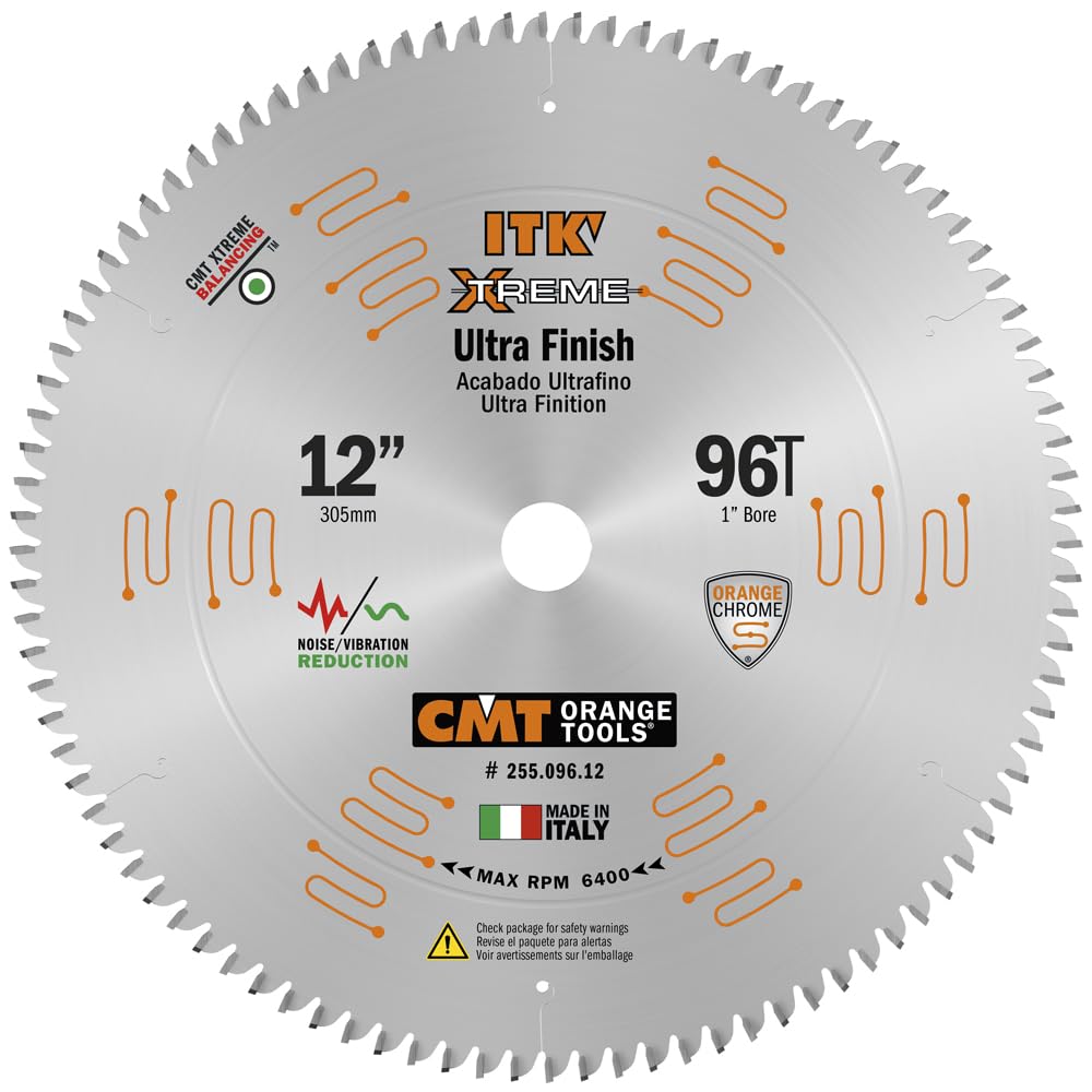CMT Orange Tools ITK fine finish blade 12in with 96 teeth for ultra-smooth crosscuts.