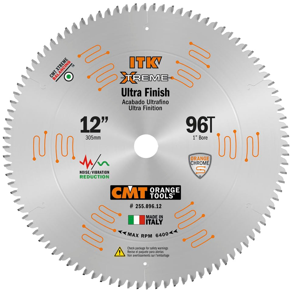CMT Orange Tools ITK fine finish blade 12in with 96 teeth for ultra-smooth crosscuts.