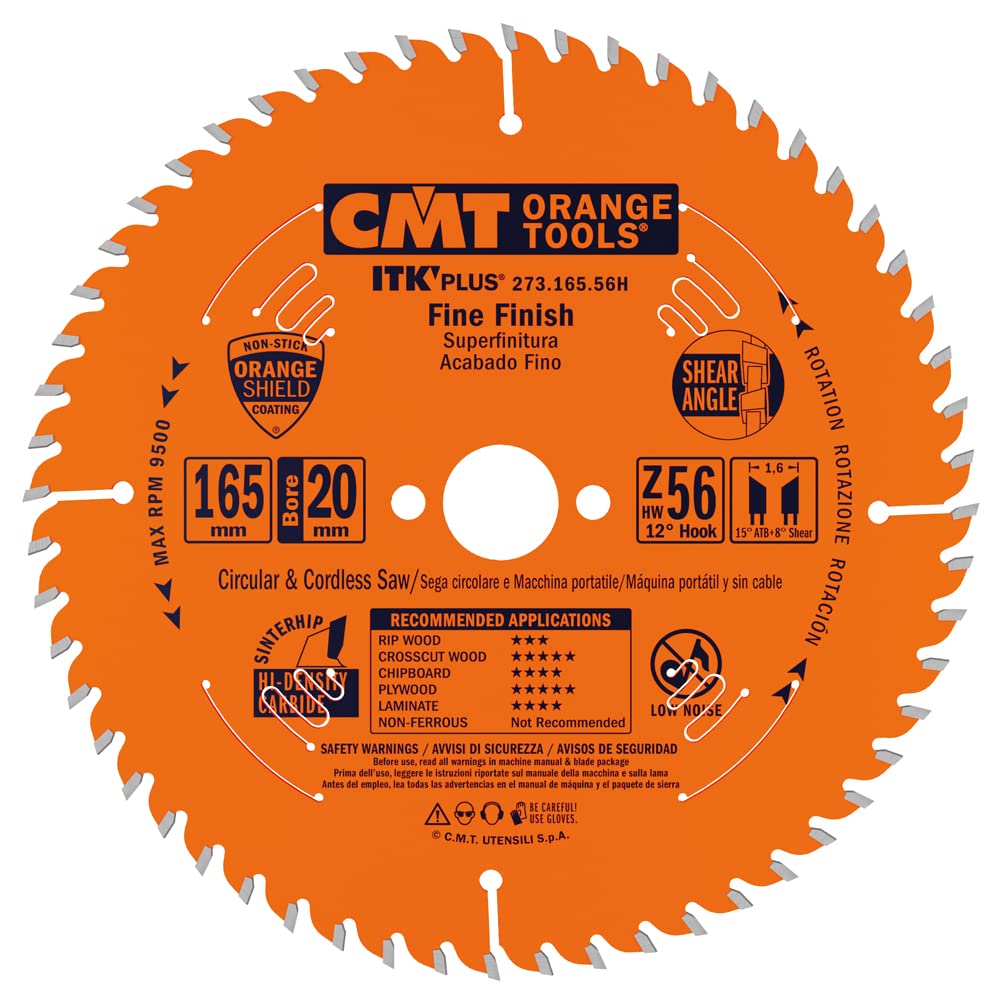 CMT ORANGE TOOLS ITK Plus thin-kerf blade closeup for precise finish cuts and reduced waste