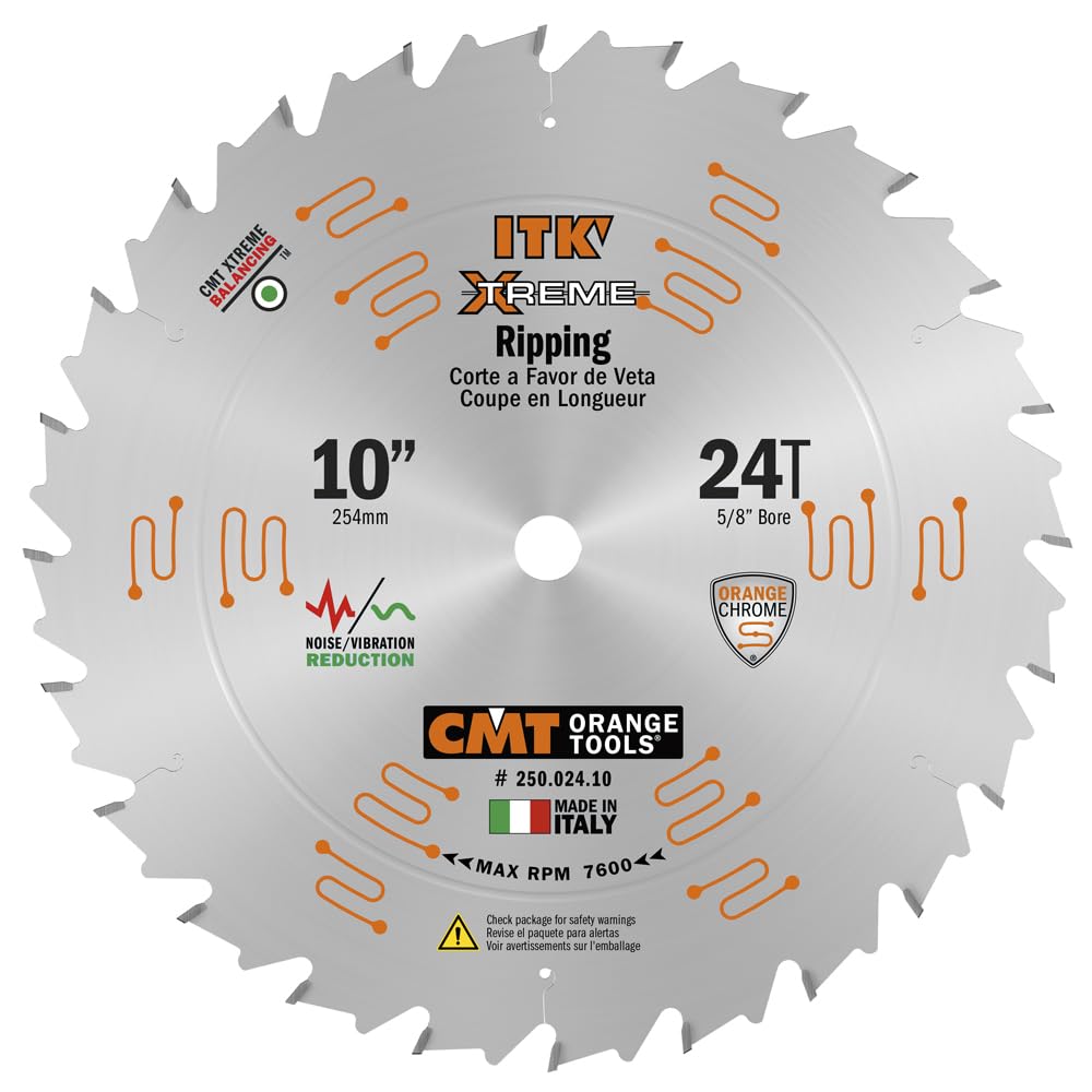 CMT ORANGE TOOLS ITK Xtreme 10-inch blade front view showing thin kerf for efficient ripping