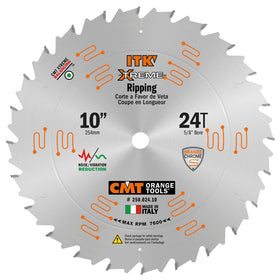CMT ORANGE TOOLS ITK Xtreme 10-inch blade front view showing thin kerf for efficient ripping