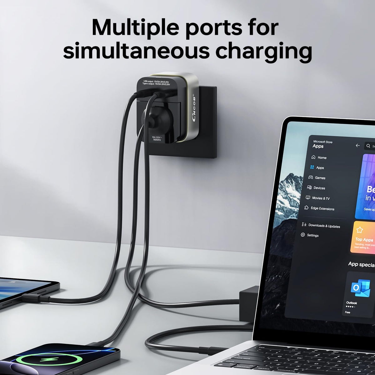 CNCOB USB-A port supports additional devices while the PD USB-C port charges quickly
