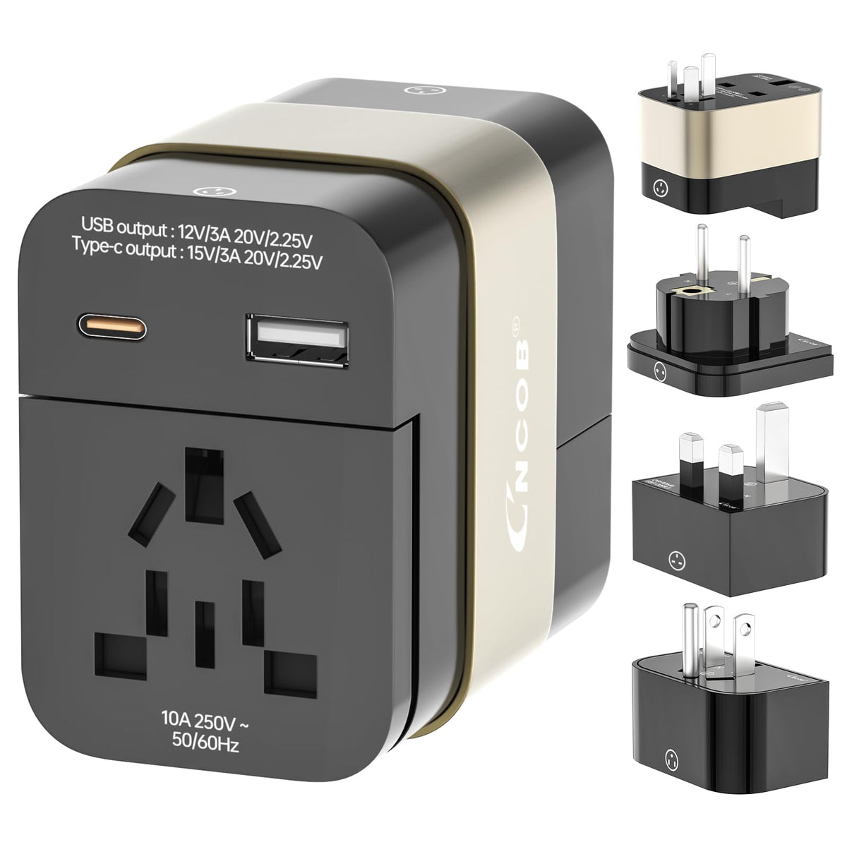 CNCOB universal travel adapter front view showing sturdy, heat-resistant construction for reliable power