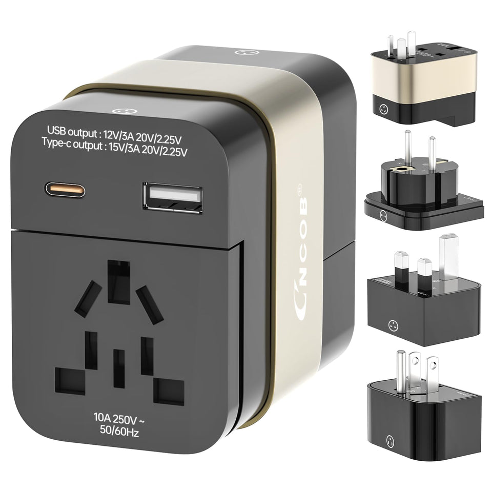 CNCOB universal travel adapter front view showing sturdy, heat-resistant construction for reliable power