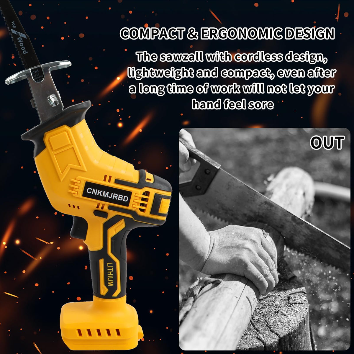 CNKMJRBD cordless saw in action cutting wood, metal, PVC