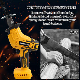 CNKMJRBD cordless saw in action cutting wood, metal, PVC