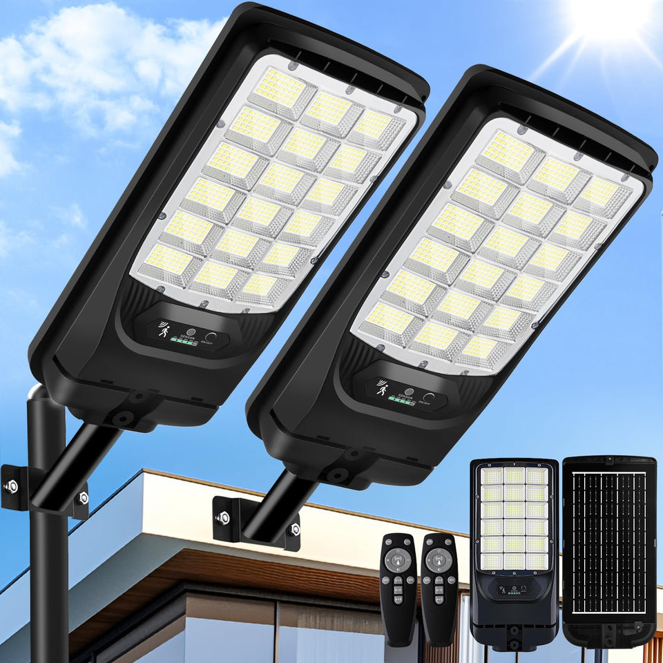 CNOIJUTS solar street light front view showing broad coverage for parking lots
