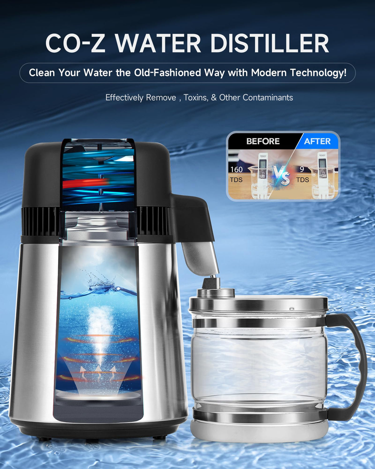 CO-Z distiller glass pitcher closeup for easy cleaning