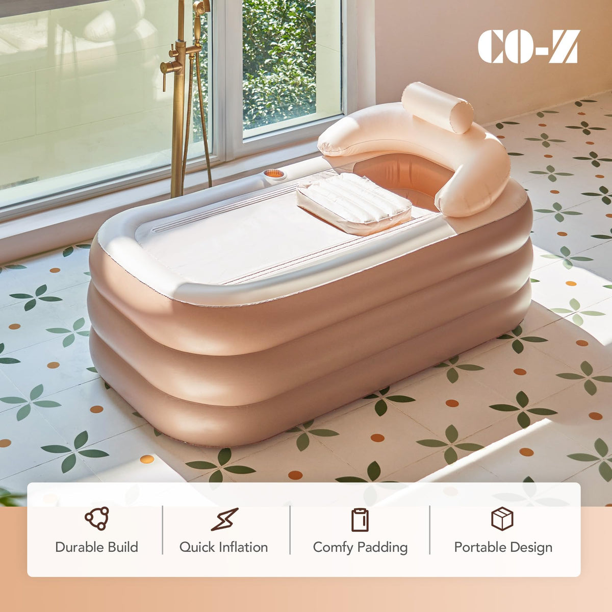 CO-Z inflatable bathtub with pillow headrest for neck support during soaks.
