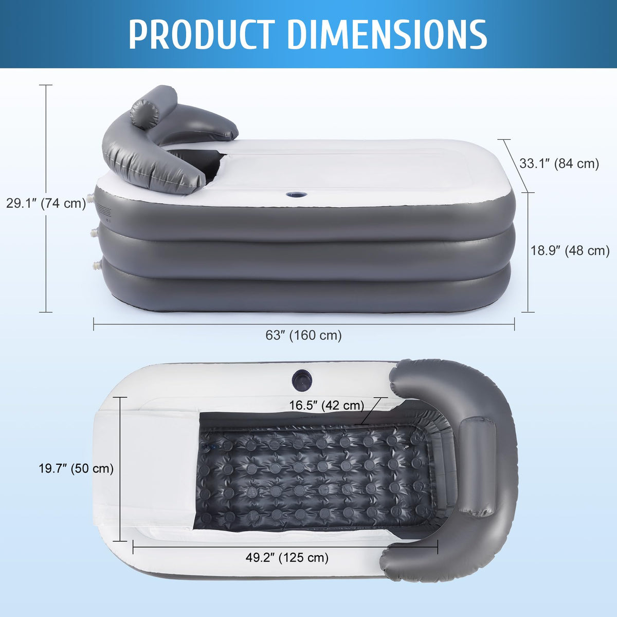 CO-Z inflatable pillow and ergonomic backrest provide cozy support during baths.