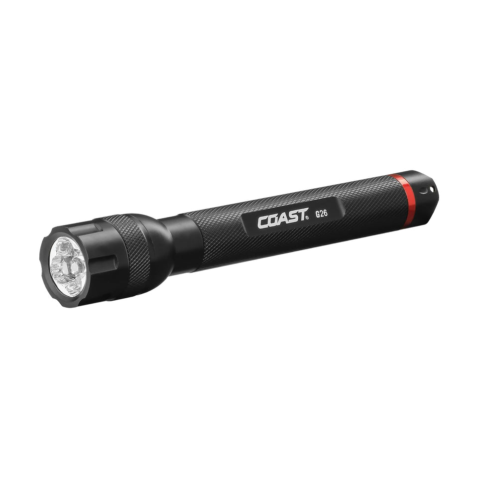 Coast G26 flashlight with Bulls-Eye spot beam for precise viewing.