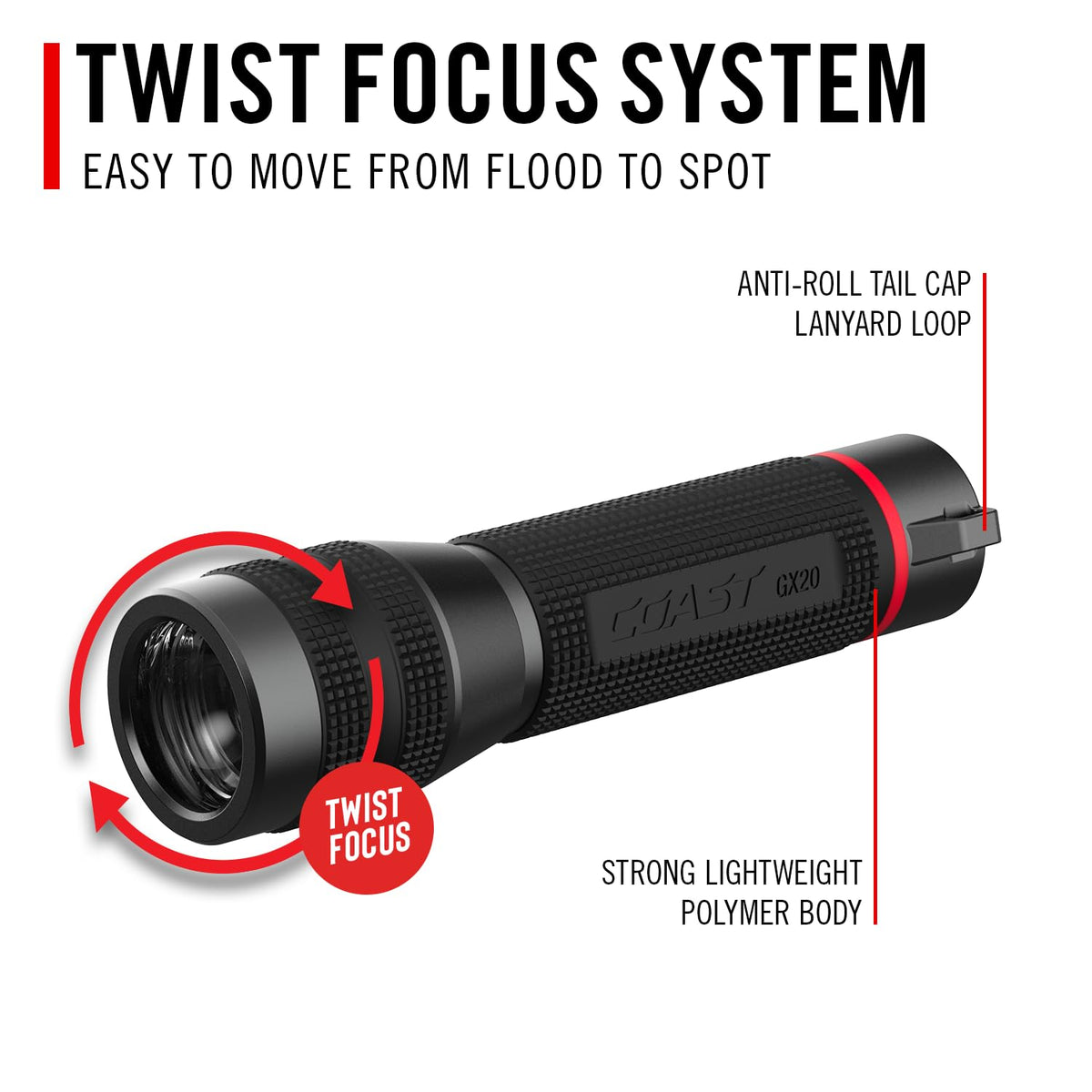 Coast GX20 anti-roll tail cap keeps the light stable on uneven surfaces.