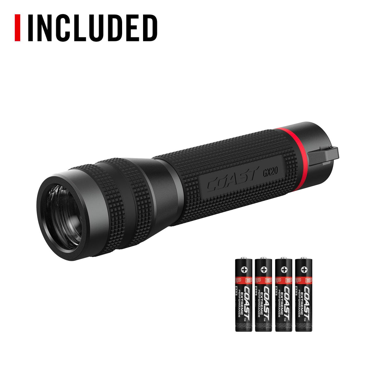 Coast GX20 included AAA batteries ready for immediate use outdoors.