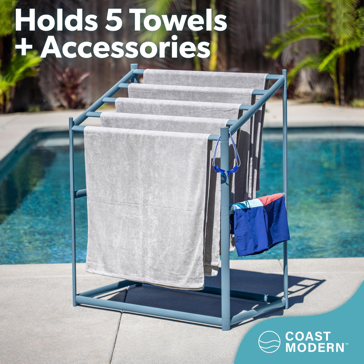 GoSports Coast Modern Pool Towel Rack assembly diagram shows tool-free setup.