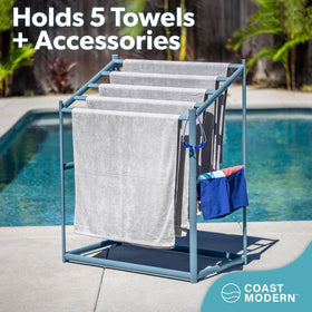GoSports Coast Modern Pool Towel Rack assembly diagram shows tool-free setup.