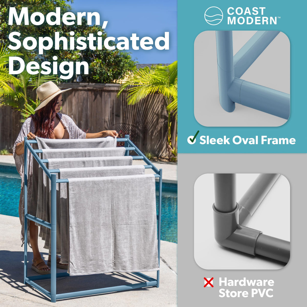 GoSports Coast Modern Pool Towel Rack drying bars optimize airflow and organization.