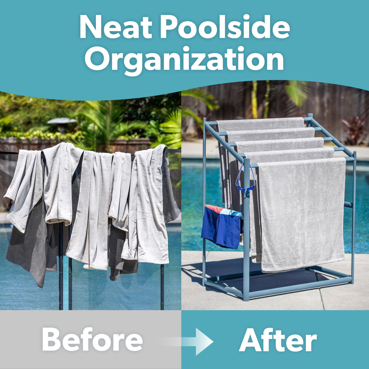 GoSports Coast Modern Pool Towel Rack stable feet prevent sliding on wet decks.