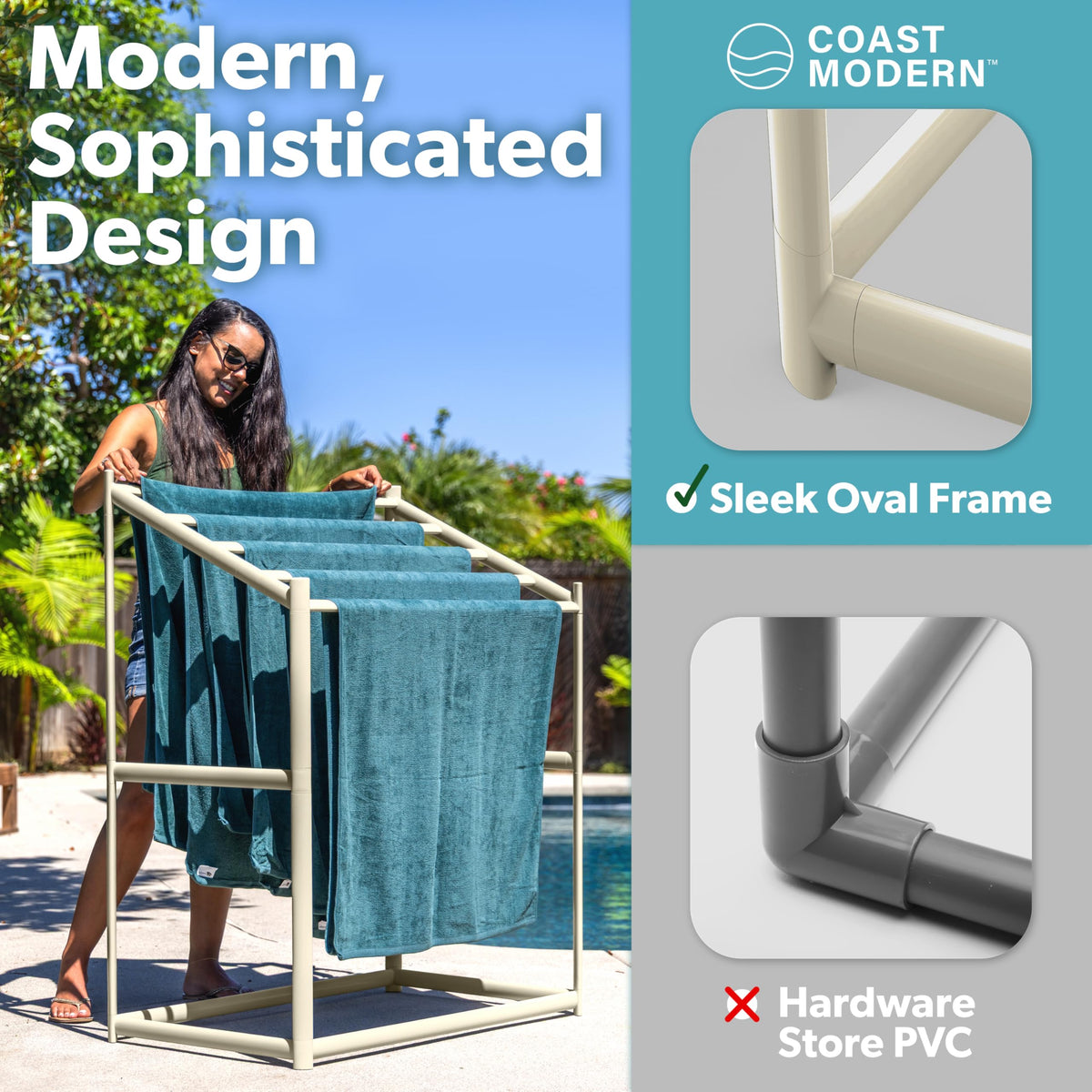 Coast Modern Pool Towel Rack on outdoor deck with towels drying after swim