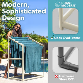 Coast Modern Pool Towel Rack on outdoor deck with towels drying after swim