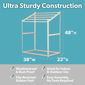 Coast Modern Pool Towel Rack side detail highlighting durable rust-proof frame outdoors