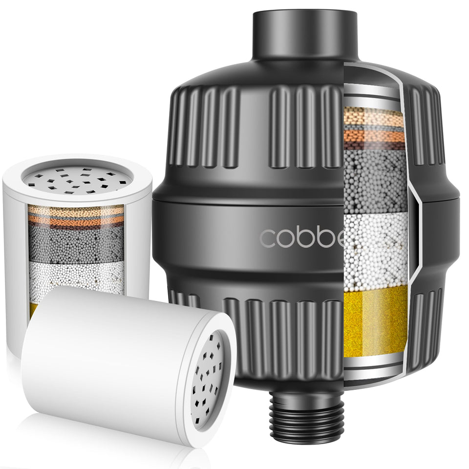 Cobbe 20-stage filter front view promises cleaner water for skin and hair