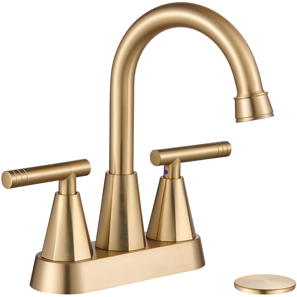 Cobbe brushed Gold faucet front view showing modern 4-inch design and warm finish