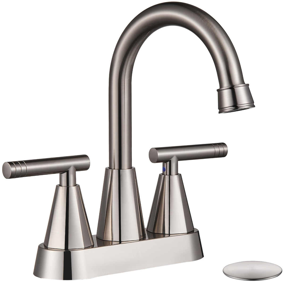Cobbe 4-inch brushed nickel faucet with swivel spout for flexible reach.