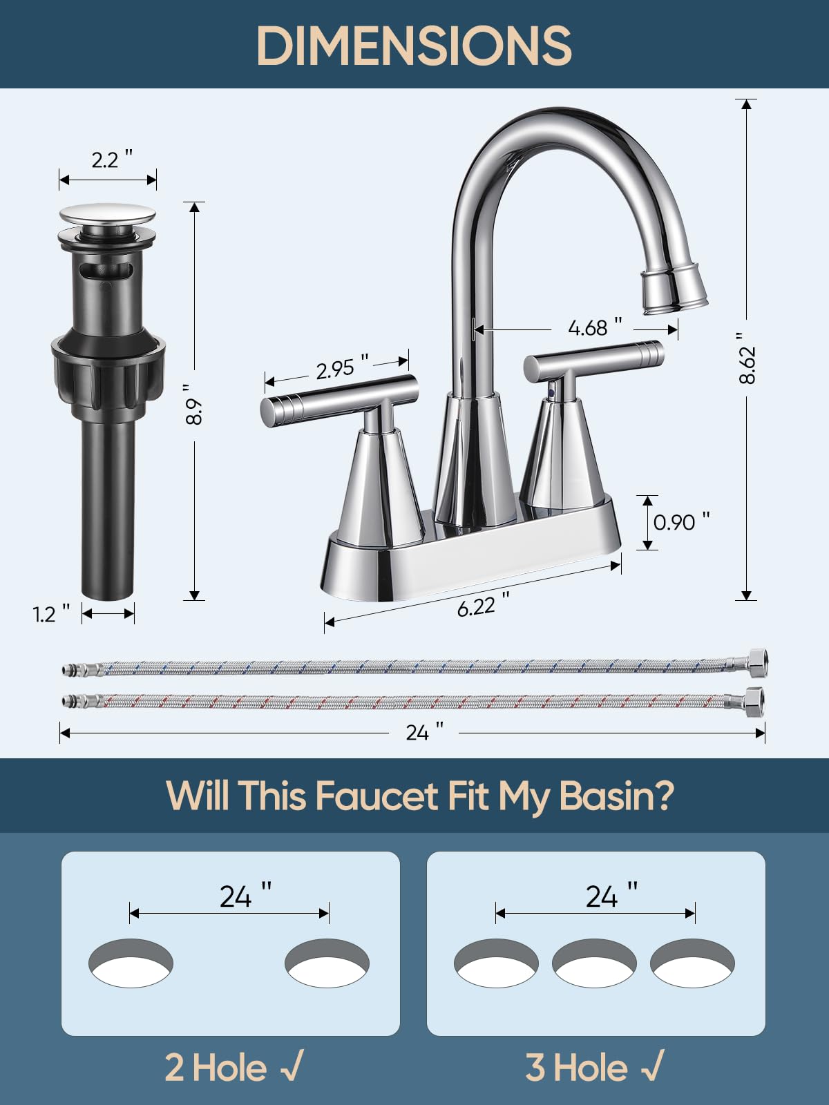 Cobbe chrome finish faucet details emphasize durable, rust-resistant construction.