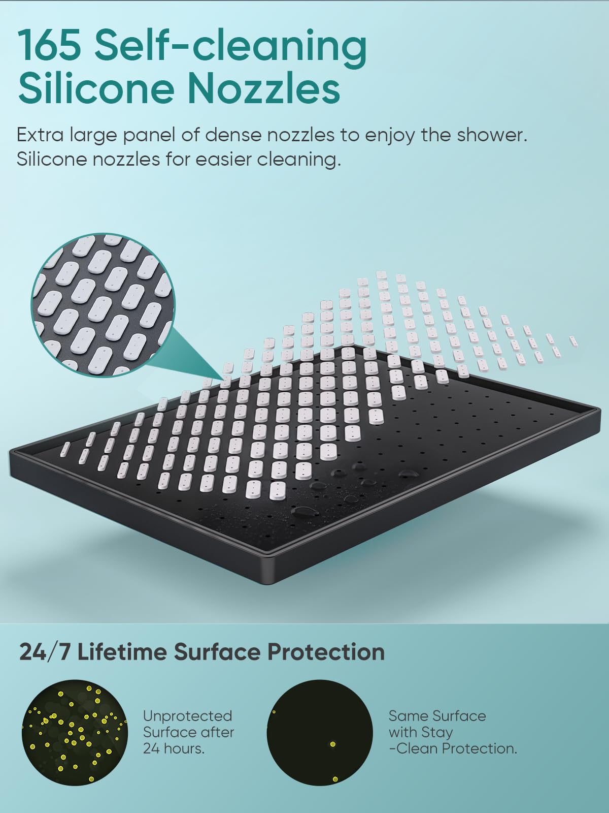 Cobbe clog-resistant nozzles stay clear for consistent rainfall-like flow.