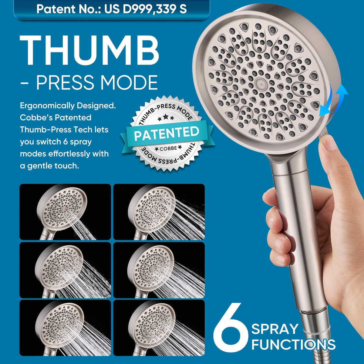 Cobbe ergonomic thumb press enables one-handed mode switching.
